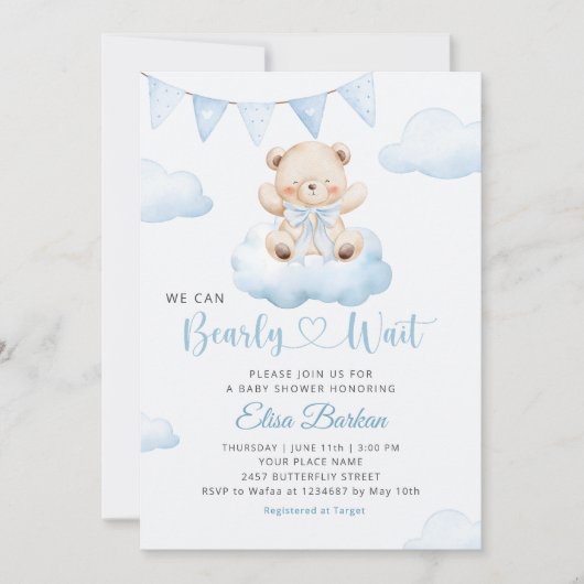 We Can Bearly Wait Teddy Bear Boy Baby Shower Kaart (Voorkant)
