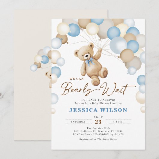 We Can Bearly Wait Teddy Bear Boy Baby Shower Kaart (Voorkant / Achterkant)