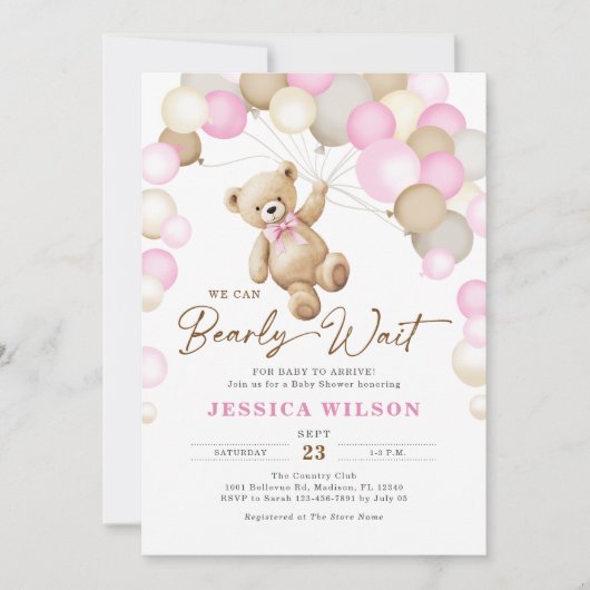 We Can Bearly Wait Teddy Bear Girl Baby Shower Kaart (Voorkant)