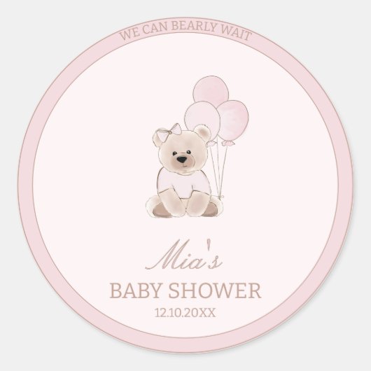 We Can Bearly Wait Teddy Bear Pink Baby Shower Ronde Sticker (Voorkant)