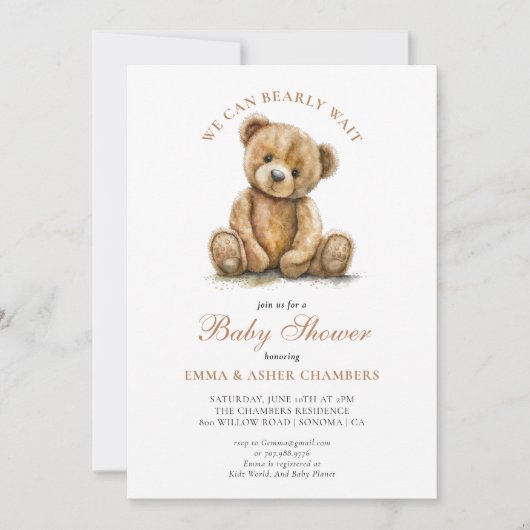 We Can Bearly Wait Teddybeer Babyshower Kaart (Voorkant)