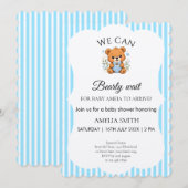 We Can Bearly Wait Teddybeer Blauw gestreept Kaart (Voorkant / Achterkant)