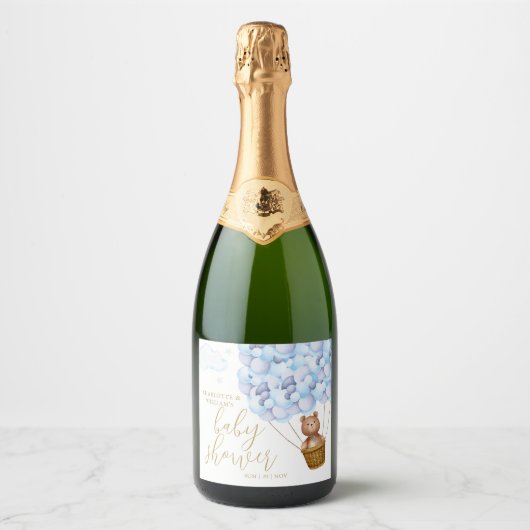 We Can Bearly Wait Teddybeer Blauwe Babyfeest Sparkling Wijnetiket (Voorkant)