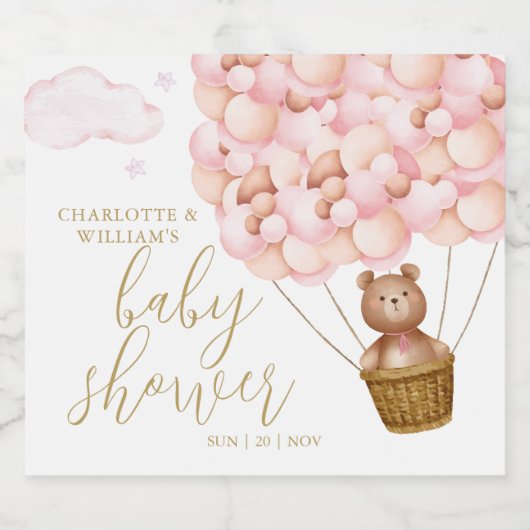 We Can Bearly Wait Teddybeer Roze Babyshower Sparkling Wijnetiket (Enkel label)