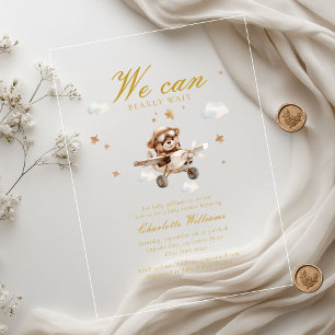 We Can Bearly Wait! Teddybeer & Vliegtuig Acryl Uitnodigingen