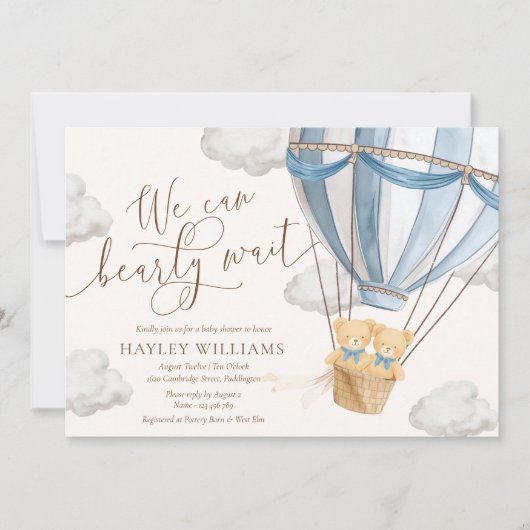 We Can Bearly Wait Twins Baby Shower Invitation Kaart (Voorkant)