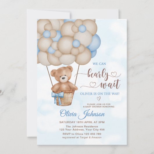 We Can Bearly Wait Warmeluchtballon Baby Shower Kaart (Voorkant)
