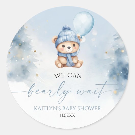 We Can Bearly Wait Winter Teddy Bear Baby Shower Ronde Sticker (Voorkant)
