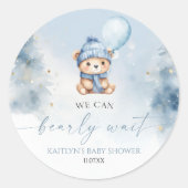 We Can Bearly Wait Winter Teddybeer Babyshower Ronde Sticker (Voorkant)