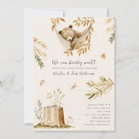 We Can Bearly Wait Woodland Sleep Bear Baby Shower Kaart (Voorkant)