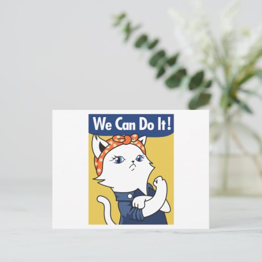 We Can Do It! White Cat Rosie the Riveter Briefkaart (Staand voorkant)