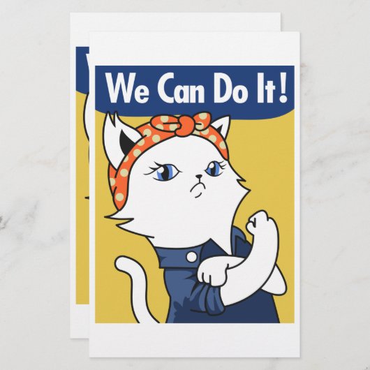 We Can Do It! White Cat Rosie the Riveter Briefpapier (Voorkant / Achterkant)