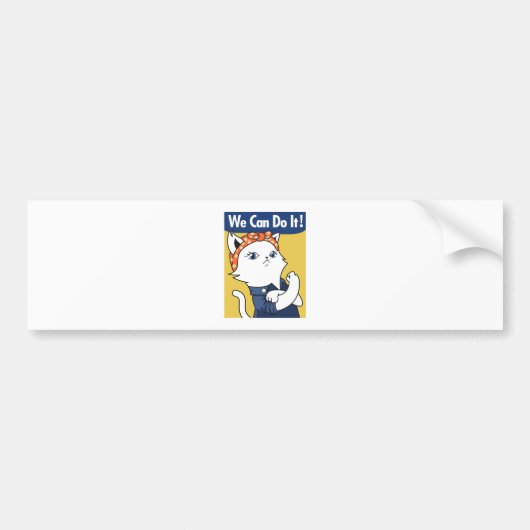 We Can Do It! White Cat Rosie the Riveter Bumpersticker (Voorkant)