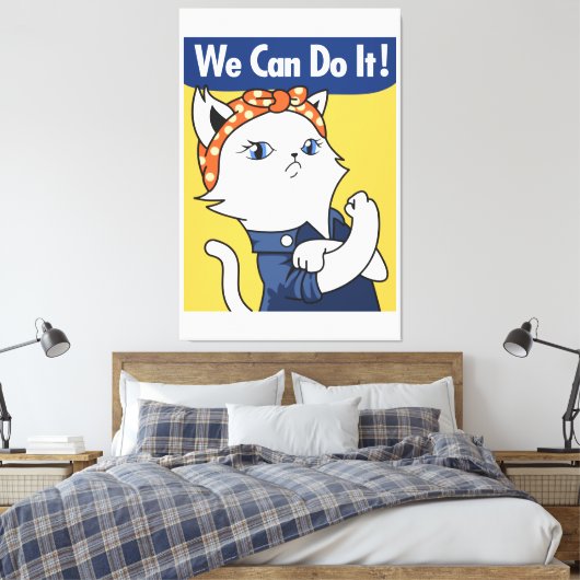 We Can Do It! White Cat Rosie the Riveter Canvas Afdruk (Insitu (Slaapkamer))