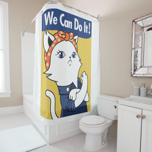 We Can Do It! White Cat Rosie the Riveter Douchegordijn (In situ)