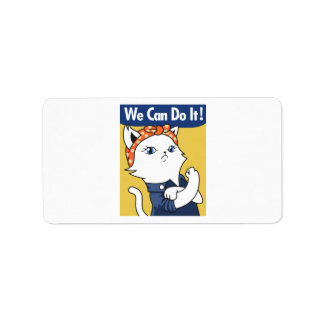 We Can Do It! White Cat Rosie the Riveter Etiket