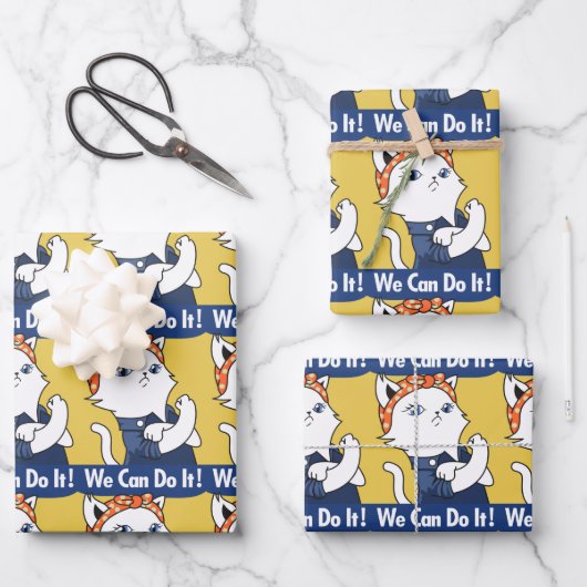 We Can Do It! White Cat Rosie the Riveter Inpakpapier Vel (Voorkant)