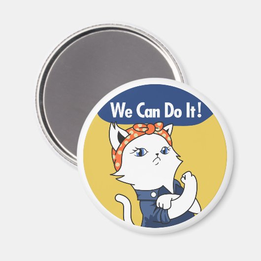 We Can Do It! White Cat Rosie the Riveter Magneet (Voorkant / Achterkant)
