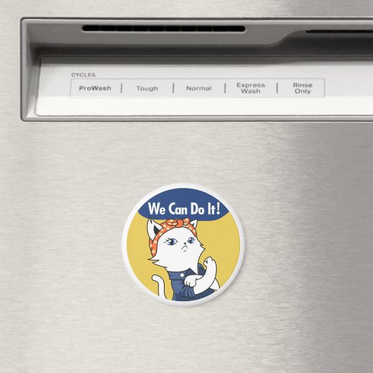 We Can Do It! White Cat Rosie the Riveter Magneet (Insitu (Vaatwasser))
