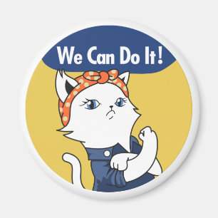 We Can Do It! White Cat Rosie the Riveter Magneet