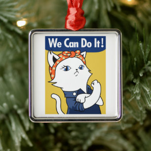 We Can Do It! White Cat Rosie the Riveter Metalen Ornament