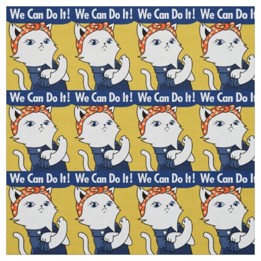 We Can Do It! White Cat Rosie the Riveter Stof (Swatch)