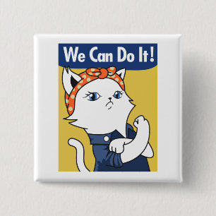 We Can Do It! White Cat Rosie the Riveter Vierkante Button 5,1 Cm