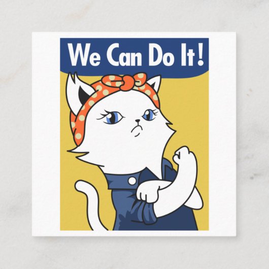 We Can Do It! White Cat Rosie the Riveter Vierkante Visitekaartje (Achterkant)