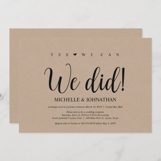 We deden dat, Wedding Elopement Reception Invites Kaart (Voorkant / Achterkant)