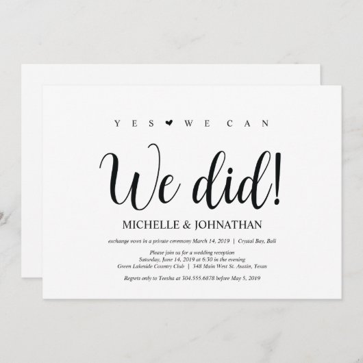 We deden dat, Wedding Elopement Reception Invites Kaart (Voorkant / Achterkant)