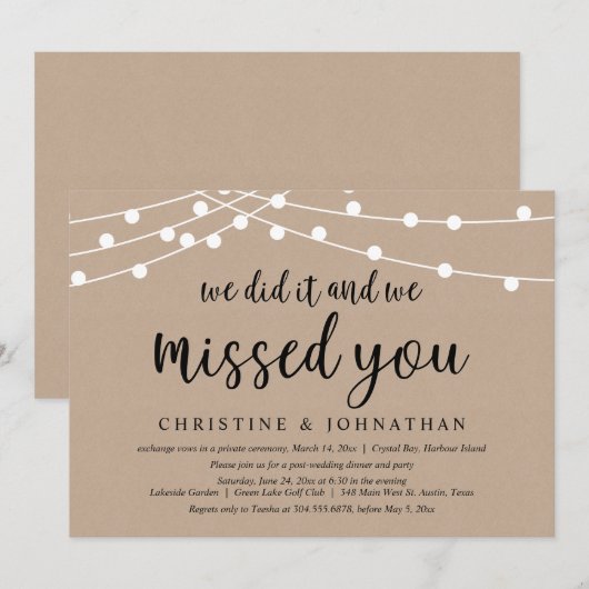 We deden het en we miste je, Wedding Elopement Inv Kaart (Voorkant / Achterkant)