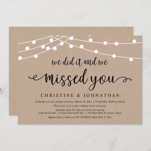 We deden het en we miste je, Wedding Elopement Kaart (Voorkant / Achterkant)