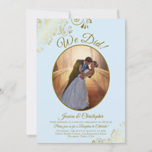 We Did! Poederblauw & Gouden Kant Trouwreceptie Kaart