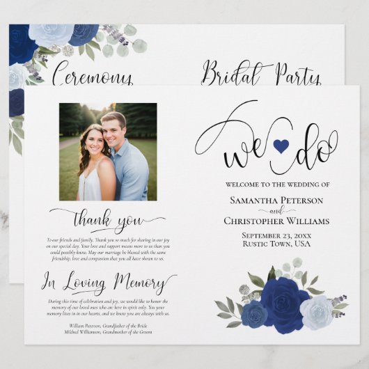 We Do! Blauwe Boho Rozen DIY Gevouwen Huwelijkspro (Voorkant / Achterkant)
