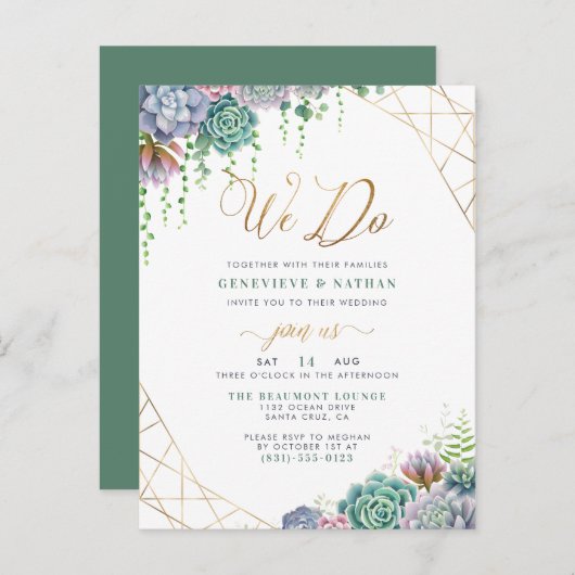 "We Do" Gouden Glitter Script & Sculenten Huwelijk Uitnodiging Briefkaart (Voorkant / Achterkant)