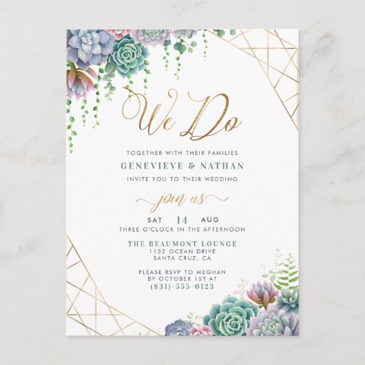 "We Do" Gouden Glitter Script & Sculenten Huwelijk Uitnodiging Briefkaart (Voorkant)