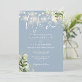 We Do Greenery Lights QR Code Stof Blauw Trouwen Kaart (Staand voorkant)
