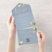 We Do Greenery QR Code Monogram Stofblauw Bruiloft All In One Uitnodiging (Afscheurbaar)