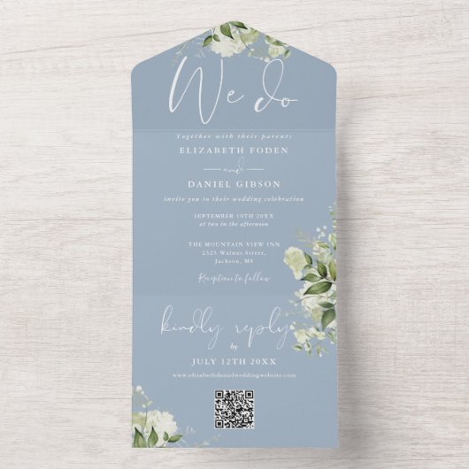 We Do Greenery QR Code Monogram Stofblauw Bruiloft All In One Uitnodiging (Binnen)