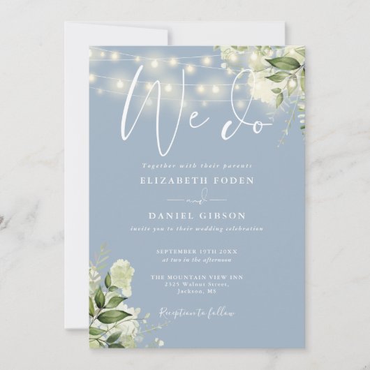 We Do Greenery Slingerlichten Stofblauw Bruiloft Kaart (Voorkant)