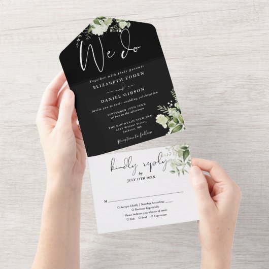 We Do Groenery Monogram Zwarte En Witte Bruiloft All In One Uitnodiging (Afscheurbaar)