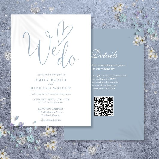 We Do Love Heart QR Code Stofblauw Trouwfeest Kaart
