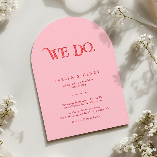 We Do Moderne Roze en Rode Boog Bruiloft Kaart