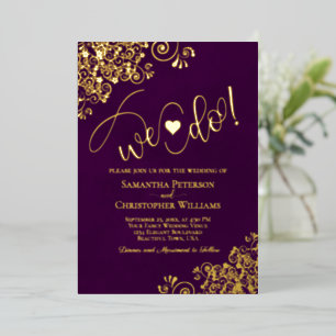 We Do! Mooie Moderne Trouwplum Paars & Goud Folie Uitnodiging
