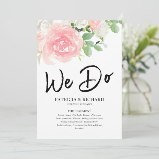 We Do Roze Blush Rozen Bloem Bruiloftsprogramma Programmakaart (Staand voorkant)