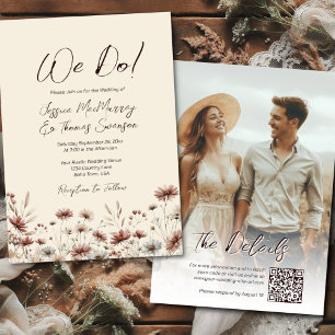 We Do! Rustieke Boho Wilde Bloemen Foto & QR Trouw Kaart