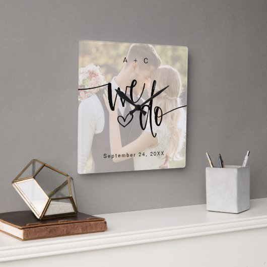 We Do Script Photo Wedding Anniversary Vierkante Klok (Kantoor)