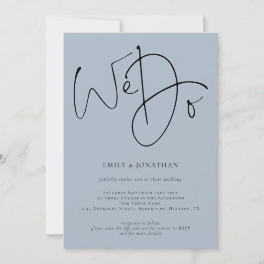 We Do Script Stof Blauw QR Code Trouwen Kaart (Voorkant)