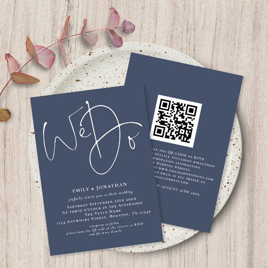 We Do Script Stof Dusty Navy Blauwe QR Trouwdag Kaart