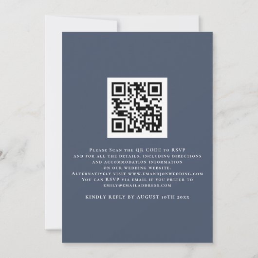 We Do Script Stof Dusty Navy Blue QR Trouwen Kaart (Achterkant)